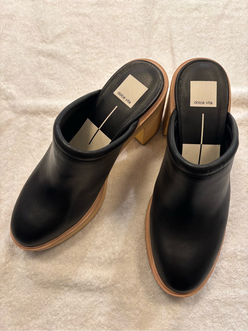 NWOT Dolce Vita Black Leather Mule Clogs with Tan Platform